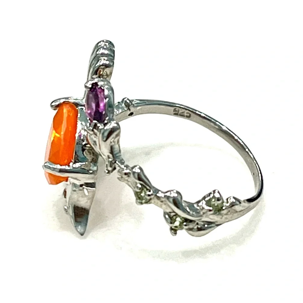1.5ct Natural Fire Opal Peridot Amethyst 14KGP Ring - Picture 4 of 5